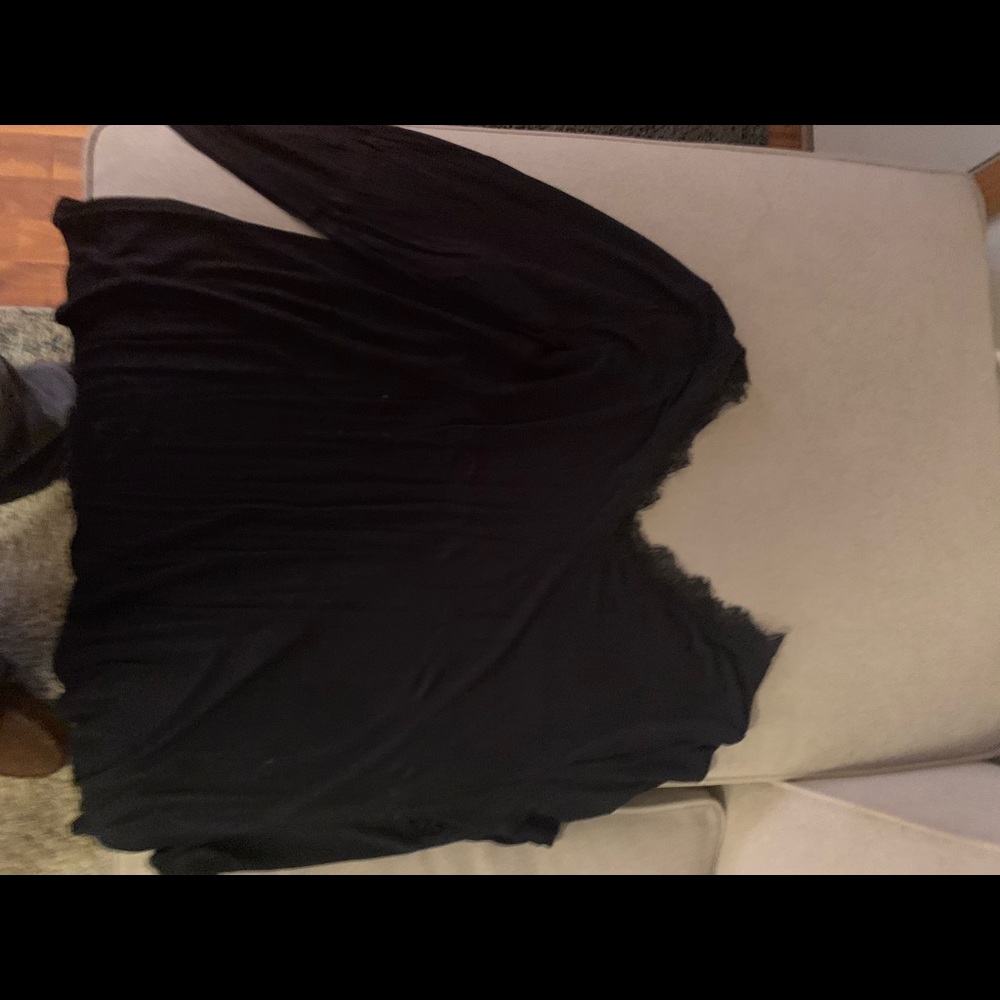 Black Double V Neck Long Sleeve Shirt w/ Lace Trim